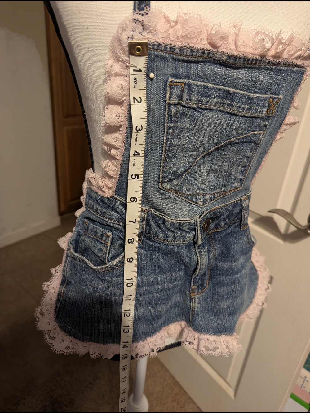 Denim Lace Apron Trim Overalls - Blue and Light Pink - Picture 2 of 5